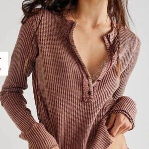 Free People One Colt Thermal Waffle Weave Top Blouse Shirt Women Size S Brown